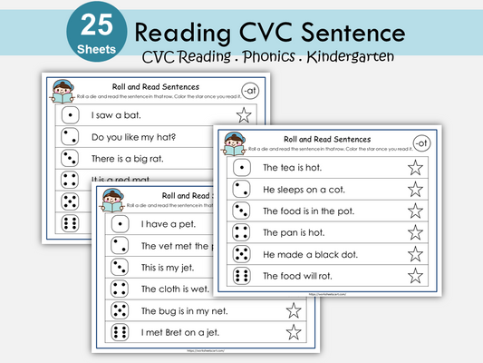 CVC Word Families Sentence Reading Worksheets | Kindergarten Roll and Read Activity Printable | 25 Short Vowel Words Pages for 1st Grade, WWF244