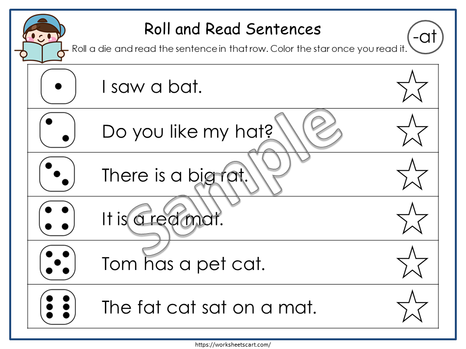 Phonics CVC Words Printable for Kindergarten, CVC Sentences Worksheets, Roll & Read Activity, CVC Word Families Reading Printables, WWF244