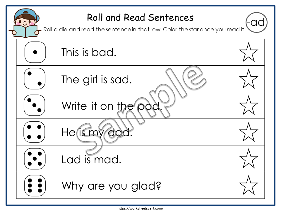 Phonics CVC Words Printable for Kindergarten, CVC Sentences Worksheets, Roll & Read Activity, CVC Word Families Reading Printables, WWF244