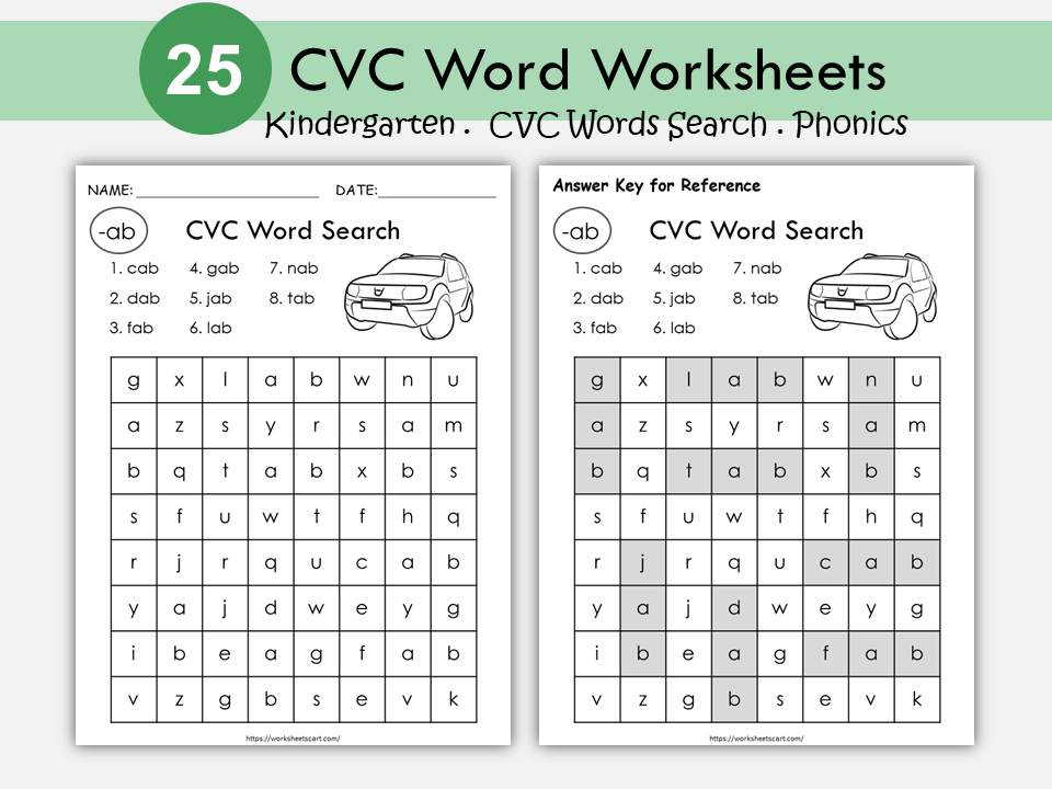 CVC Words Phonics Worksheets, CVC Words Search, CVC Words Family, 3 Letters Word Reading, Kindergarten Phonics, Instant Download, WWF246