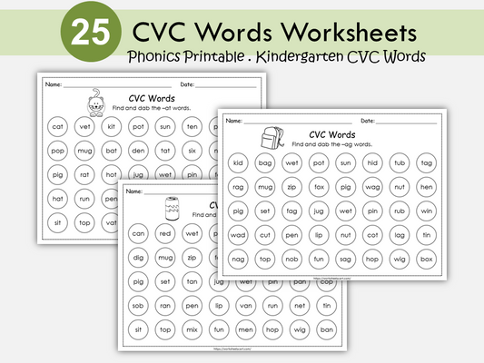 CVC Words Worksheets | Find and Dab CVC Word Family Worksheets Printable | Phonics Dab or Color Activities for Kids, WWF250
