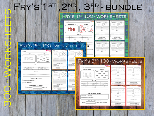 300 Sight Words Worksheets, Kindergarten-1st Grade Handwriting and Spelling Activity, Sight Words, Learn to Read, Fry 1, 2, and 3 Hundred, WWF254
