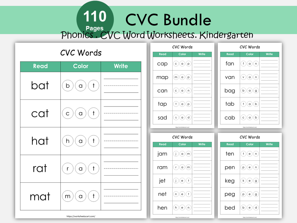 CVC Words, CVC Worksheets, CVC Flashcards, Objects, Word Builder, Word List for Kids, Word Families, Tracing, Phonics Builder, Kindergarten, WWF256