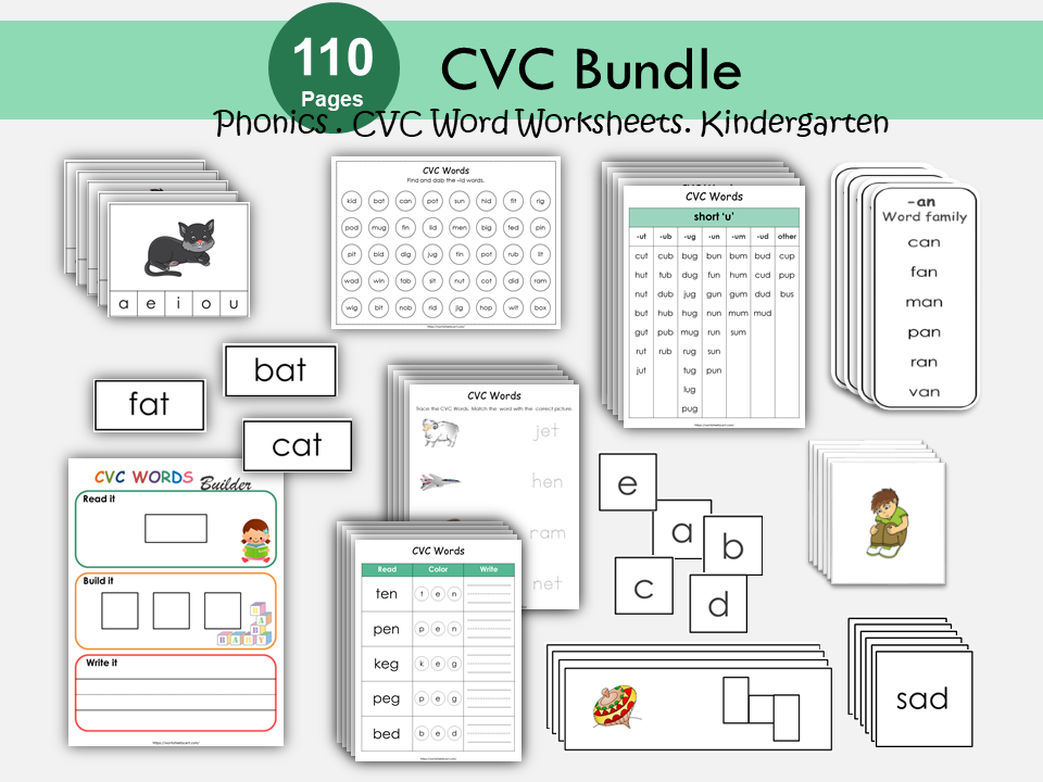 CVC Words, CVC Worksheets, CVC Flashcards, Objects, Word Builder, Word List for Kids, Word Families, Tracing, Phonics Builder, Kindergarten, WWF256
