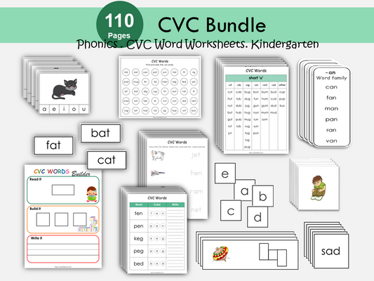 CVC Words, CVC Worksheets, CVC Flashcards, Objects, Word Builder, Word List for Kids, Word Families, Tracing, Phonics Builder, Kindergarten, WWF256