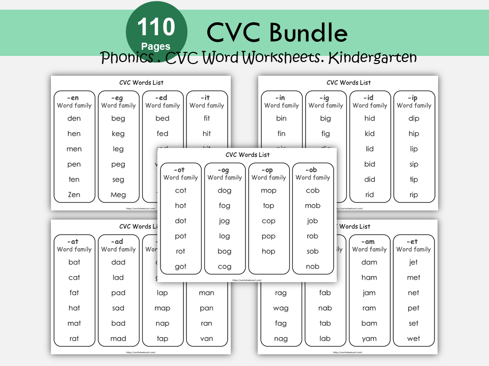 CVC Words, CVC Worksheets, CVC Flashcards, Objects, Word Builder, Word List for Kids, Word Families, Tracing, Phonics Builder, Kindergarten, WWF256