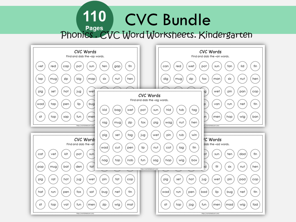 CVC Words, CVC Worksheets, CVC Flashcards, Objects, Word Builder, Word List for Kids, Word Families, Tracing, Phonics Builder, Kindergarten, WWF256