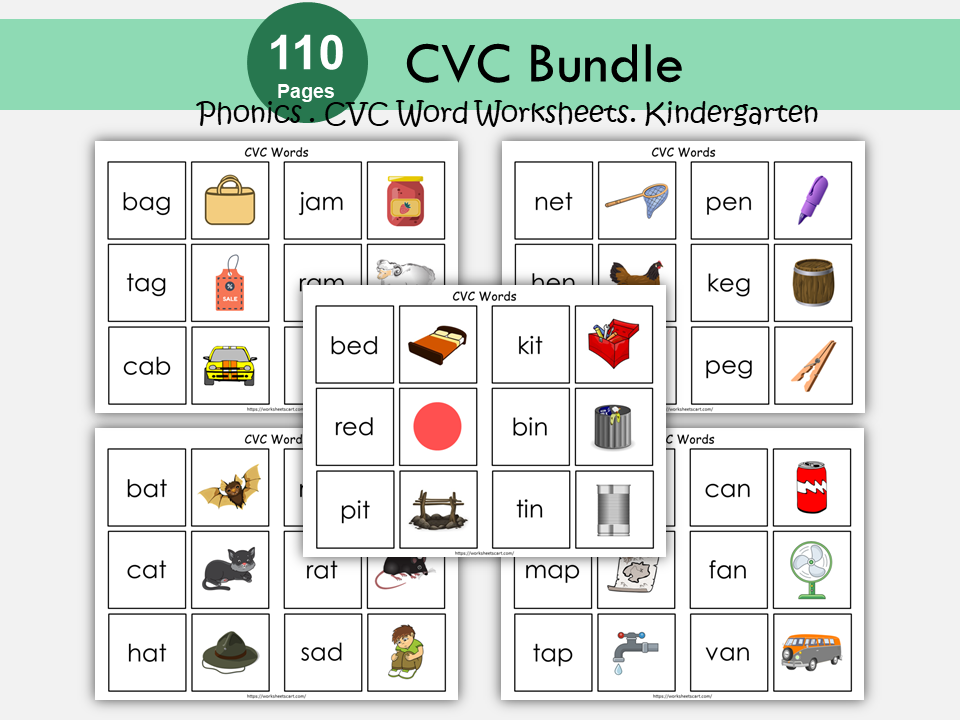 CVC Words, CVC Worksheets, CVC Flashcards, Objects, Word Builder, Word List for Kids, Word Families, Tracing, Phonics Builder, Kindergarten, WWF256