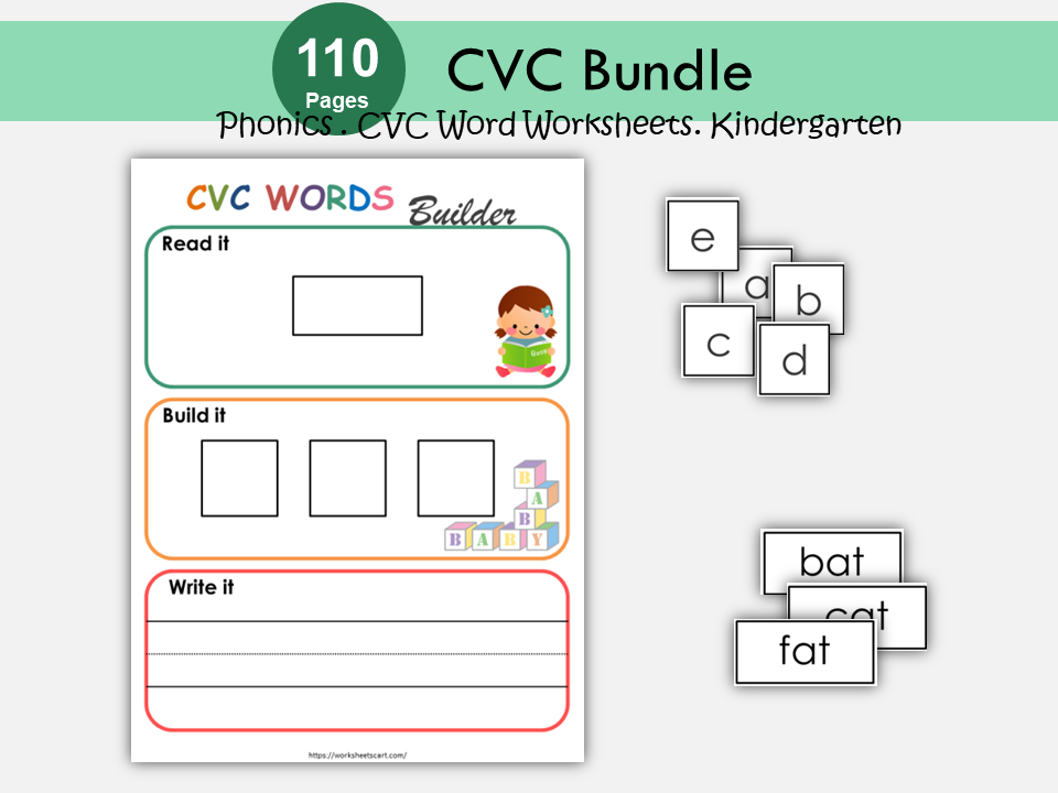 CVC Words, CVC Worksheets, CVC Flashcards, Objects, Word Builder, Word List for Kids, Word Families, Tracing, Phonics Builder, Kindergarten, WWF256