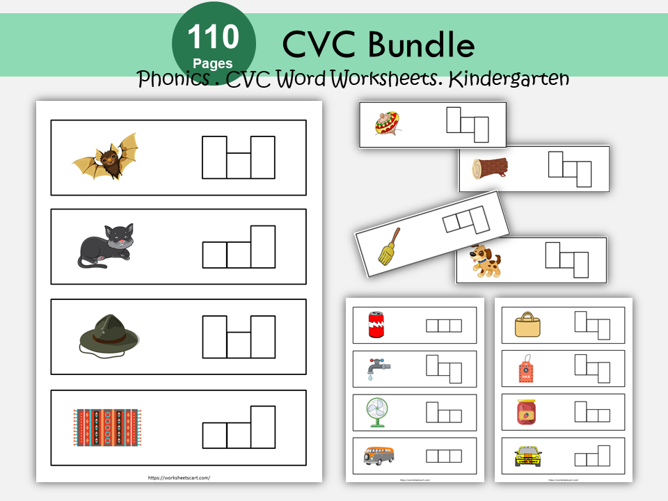 CVC Words, CVC Worksheets, CVC Flashcards, Objects, Word Builder, Word List for Kids, Word Families, Tracing, Phonics Builder, Kindergarten, WWF256