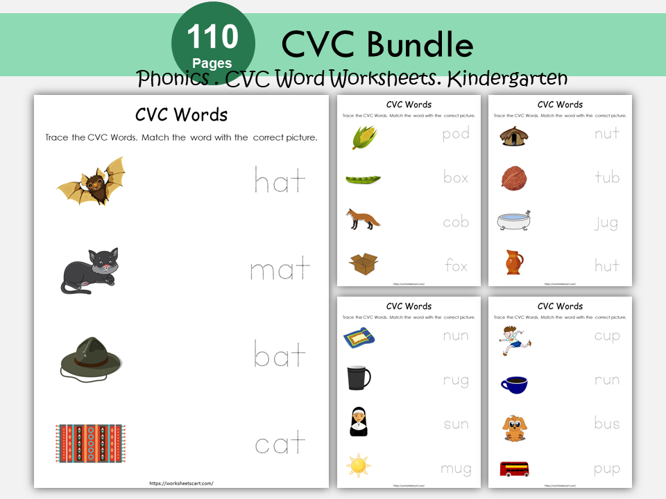 CVC Words, CVC Worksheets, CVC Flashcards, Objects, Word Builder, Word List for Kids, Word Families, Tracing, Phonics Builder, Kindergarten, WWF256