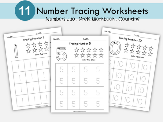 Number Tracing and Counting Worksheets 1-10 | Trace and Color Stars | Preschool & Kindergarten Math Printable | Number Sense | Homeschool, WWF287