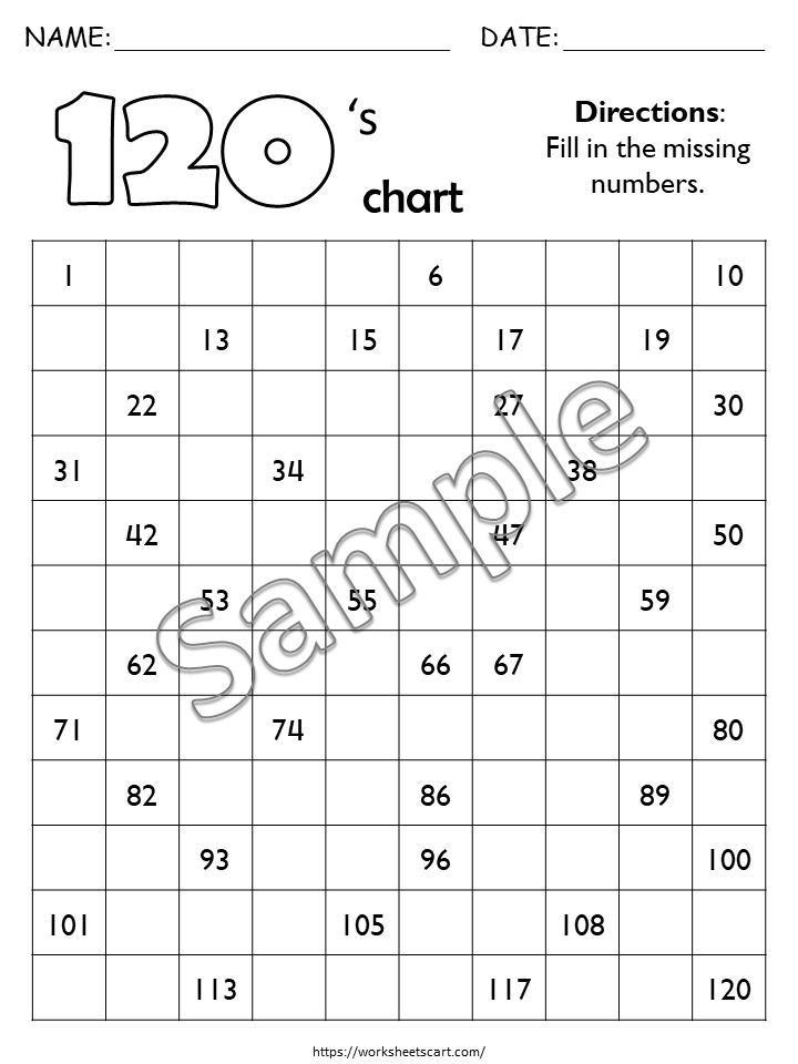 Missing Number Worksheets Printable | 100 & 120 Chart Math Activities for Kindergarten, WWF290