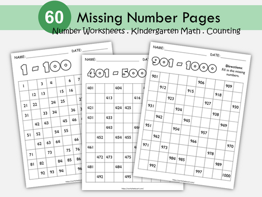 Missing Number Worksheets 1-1000 | Fill in the Missing Numbers on Hundred Chart | Math Counting Practice Printable for PreK, Kindergarten and Grade 1, WWF291