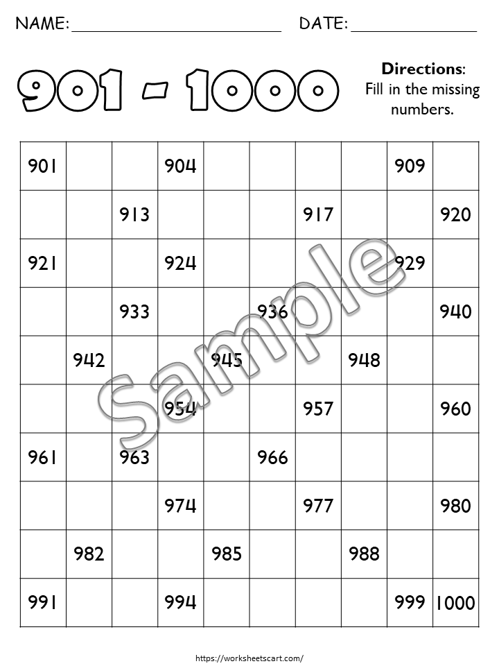 Missing Number Worksheets 1–1000 Using Hundred Charts for Grades 1–3, WWF291