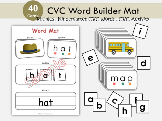 CVC Word Mats Printable – 40 CVC Words with Picture Cards for Phonics, Spelling, Reading & Writing Practice, WWF296