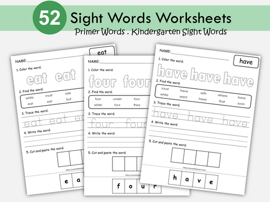 52 Dolch Primer Sight Word Worksheets Printable | Color, Trace, Write, Cut & Paste Sight Words Activities for Kids | Kindergarten Literacy, WWF303