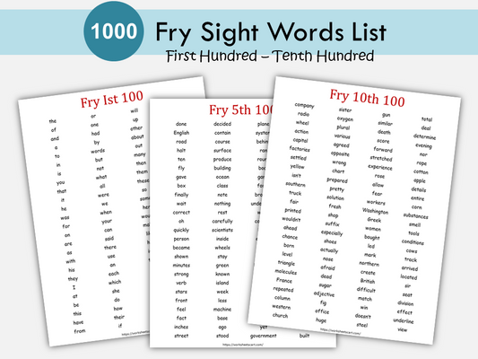 Fry Sight Words List Printable (1st to 10th Hundred) – 1000 Sight Words PDF for Reading & Literacy Practice, WWF305