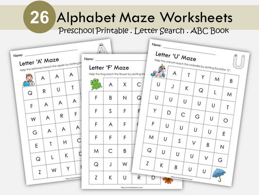 Alphabet Letter Maze Worksheets A-Z | Preschool Letter Recognition | Printable Fine Motor Activity | Kindergarten Learning PDF | Homeschool | WWF306