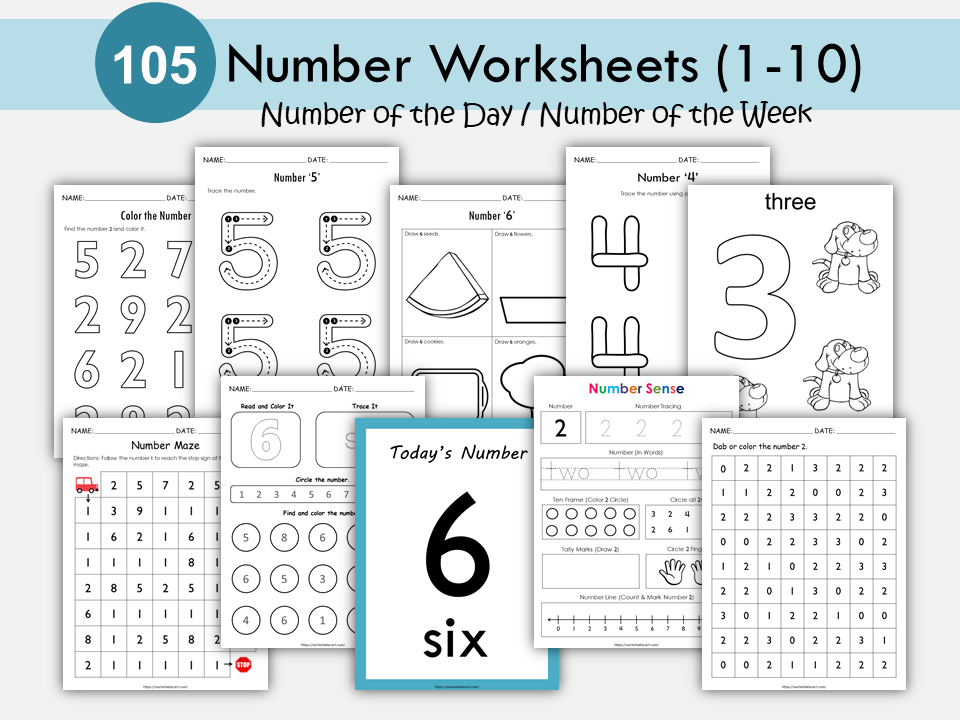 Number of the Day, Numbers Worksheets to 10 for Preschool, Number of the Week, Tracing Printable, Kindergarten, Teacher Resource, WWF318
