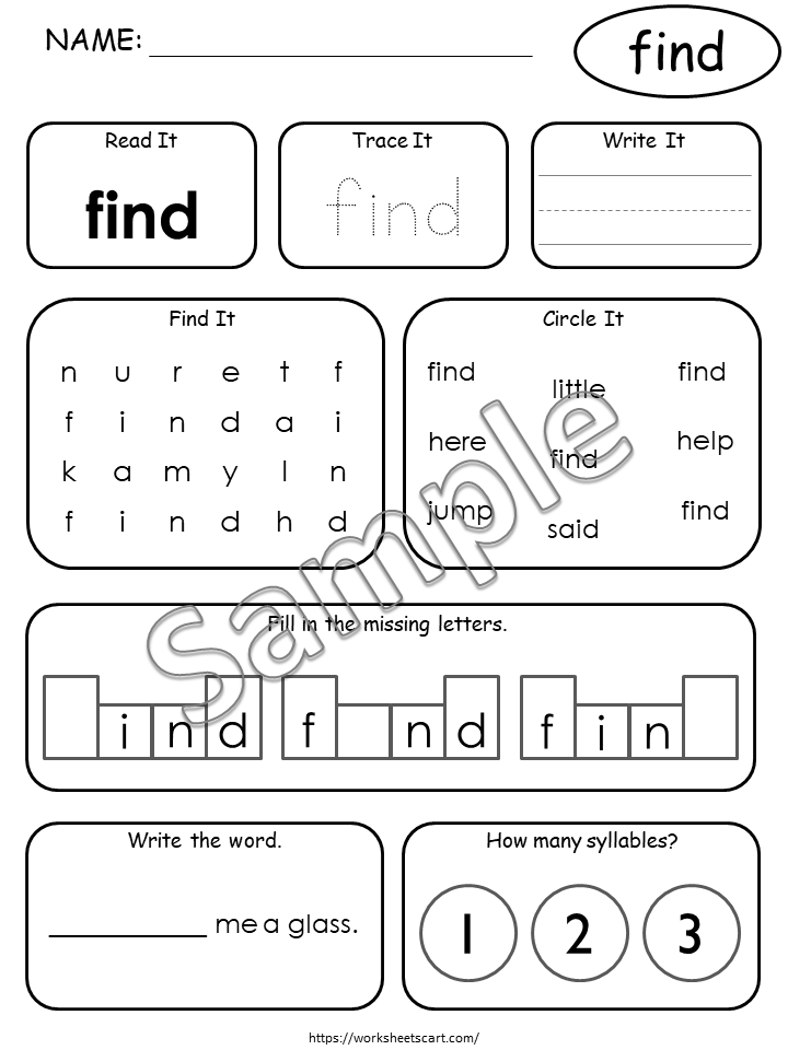 Pre-Primer Dolch Sight Words Worksheets Printable for Kindergarten, WWF321