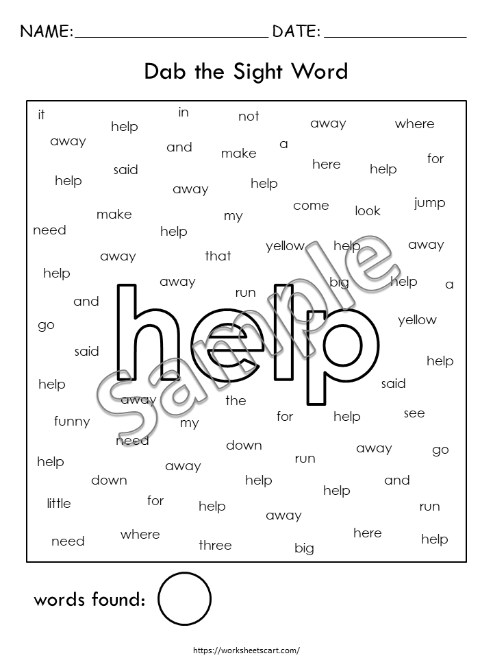 Pre Primer Sight Word Search Worksheets Printable for Kindergarten, WWF326