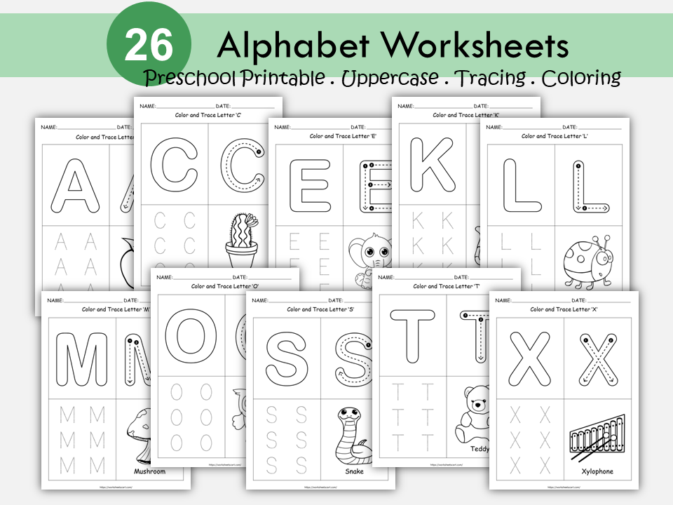 26 Alphabet Tracing Worksheets Bundle, Preschool Printable, Uppercase Letters, ABC Book, Educational, Kindergarten, Handwriting, Homeschool, WWF327