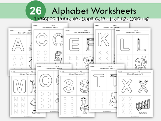 Alphabet Coloring and Tracing Worksheets for Preschool and Kindergarten | Printable ABC Letter Recognition Activities, WWF327