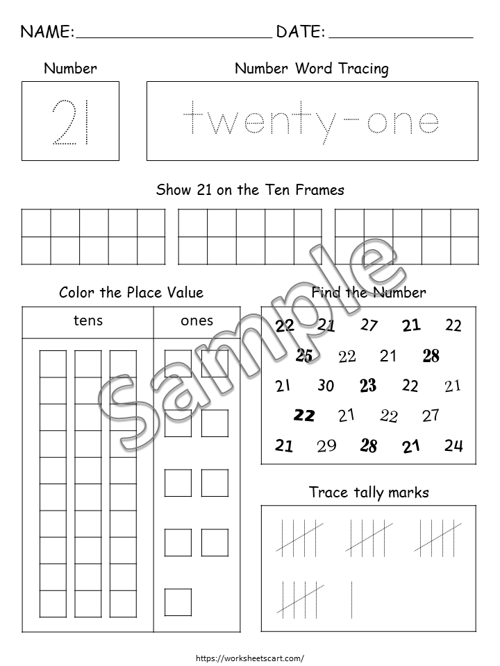 Numbers 21-30 Worksheets for Kindergarten, Preschool Math Workbook, Number of the Day Printable, Tracing & Writing Numbers, WWF331