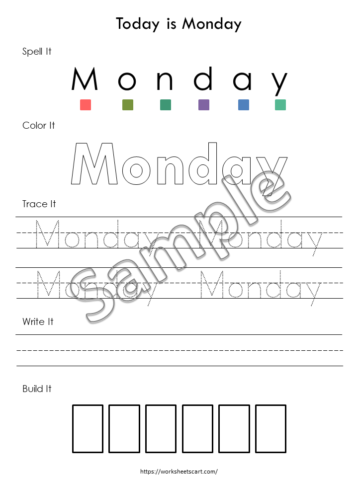 Days of the Week Worksheet, Kindergarten Tracing and Writing Printable, Cut & Paste Activities, Words Spellings, Matching Game, Homeschool, WWF333