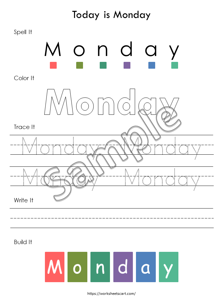 Days of the Week Worksheet, Kindergarten Tracing and Writing Printable, Cut & Paste Activities, Words Spellings, Matching Game, Homeschool, WWF333