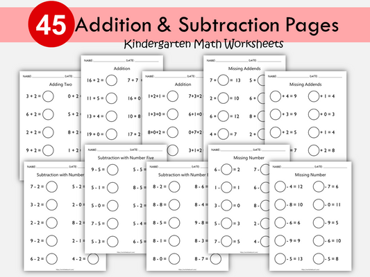 Addition & Subtraction to 20 Worksheets – Math Fact Fluency Practice for Kindergarten & 1st Grade, WWF339