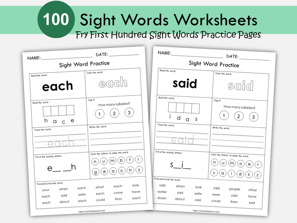 100 Printable Sight Words Worksheets, Fry First Hundred Sight Word Work, Learn to Read, Kindergarten Phonics Book, Toddler Spelling, Grade 1, WWF343