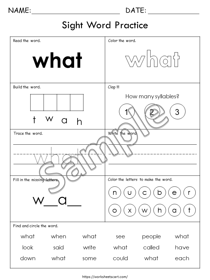 100 Printable Sight Words Worksheets, Fry First Hundred Sight Word Work, Learn to Read, Kindergarten Phonics Book, Toddler Spelling, Grade 1, WWF343
