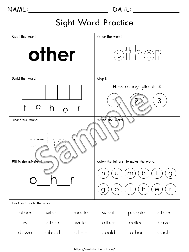 100 Printable Sight Words Worksheets, Fry First Hundred Sight Word Work, Learn to Read, Kindergarten Phonics Book, Toddler Spelling, Grade 1, WWF343