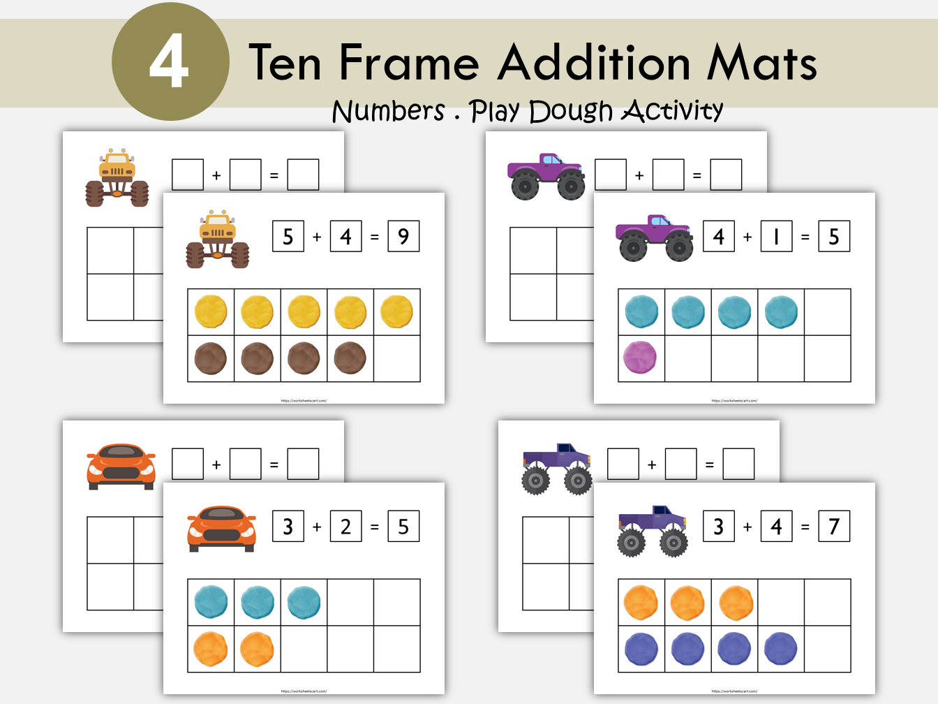 Ten Frame Addition, Ten Frame Activity, Ten Frame Addition Cards to 10, Play Dough Mat, Learn To Add, Kindergarten, Pre-K, Toddlers, Digital, WWF348