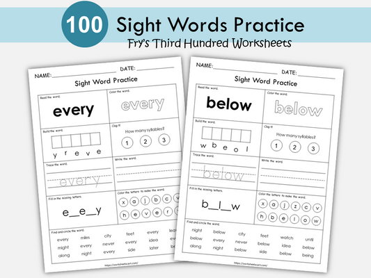 Fry Third Hundred Sight Words Practice Worksheets | Read Trace Build Color Activities | No Prep Printable Literacy Center | Homeschool, WWF350