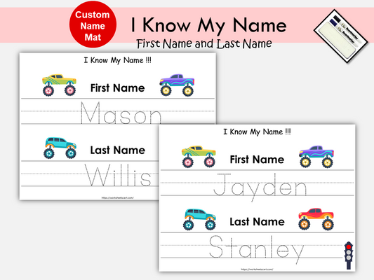 Name Tracing Sheet for Kids, Dry Erase Name Mat-Car Theme, First & Last Name Worksheet, Custom Name Spelling Printable, Handwriting Practice, WWF352