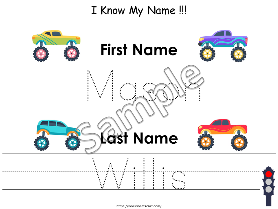 Personalized Name Tracing Printable Car Theme | Custom I Know My Name Worksheet for Preschool & Kindergarten Kids, WWF352