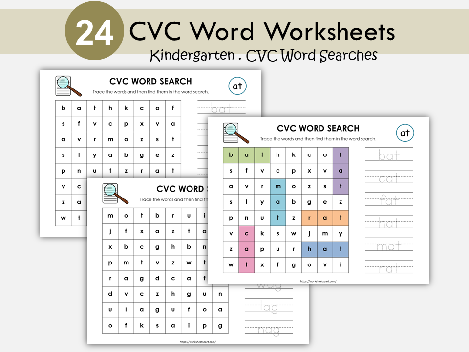 CVC Words Worksheets | Read Trace Find Activity | Kindergarten Literacy Printable | Phonics Word Search with Smiley Coloring | Word Families, WWF353