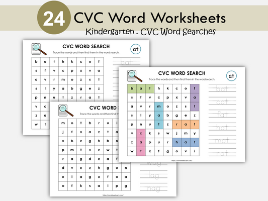 CVC Words Worksheets | Read Trace Find Activity | Kindergarten Literacy Printable | Phonics Word Search with Smiley Coloring | Word Families, WWF353