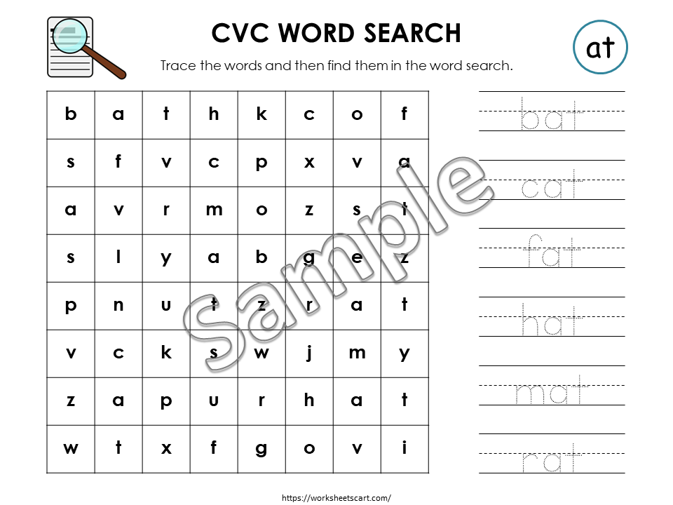 CVC Words Worksheets | Read Trace Find Activity | Kindergarten Literacy Printable | Phonics Word Search with Smiley Coloring | Word Families, WWF353