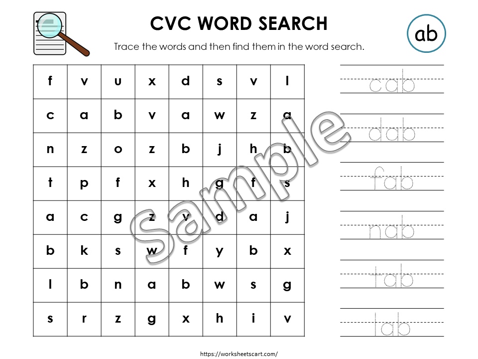 CVC Words Worksheets | Read Trace Find Activity | Kindergarten Literacy Printable | Phonics Word Search with Smiley Coloring | Word Families, WWF353