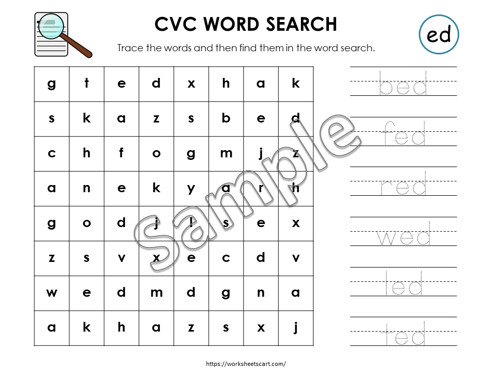 CVC Words Worksheets | Read Trace Find Activity | Kindergarten Literacy Printable | Phonics Word Search with Smiley Coloring | Word Families, WWF353