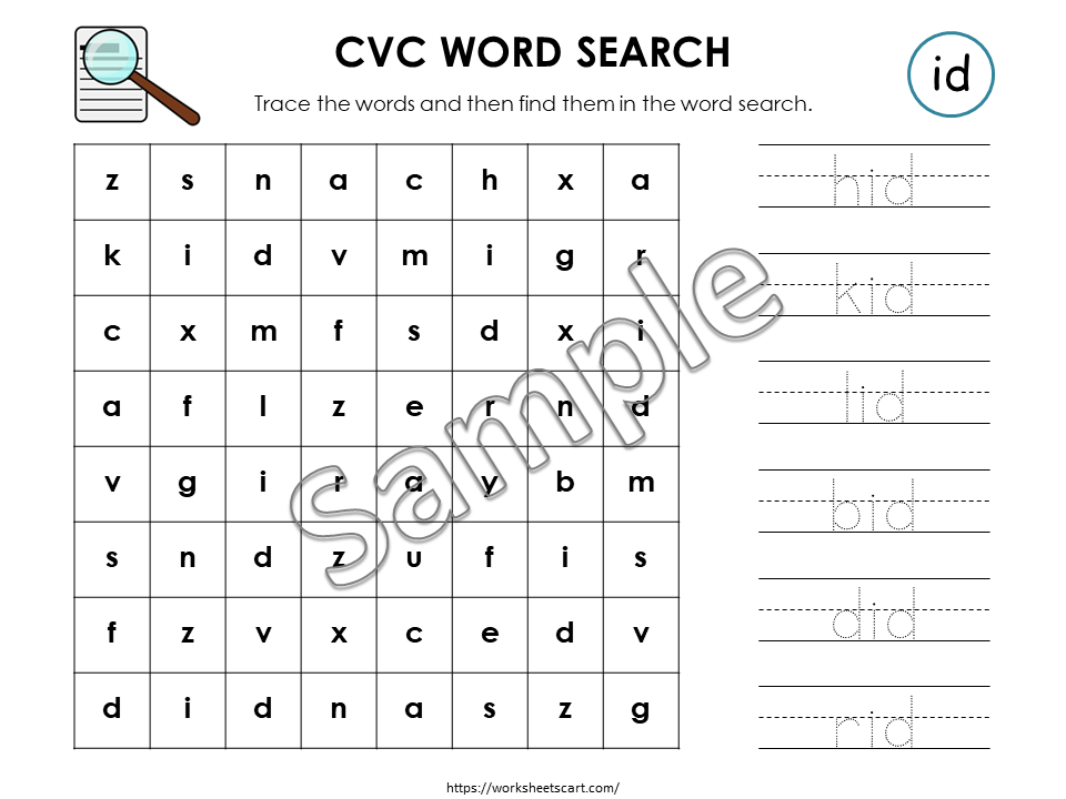 CVC Words Worksheets | Read Trace Find Activity | Kindergarten Literacy Printable | Phonics Word Search with Smiley Coloring | Word Families, WWF353