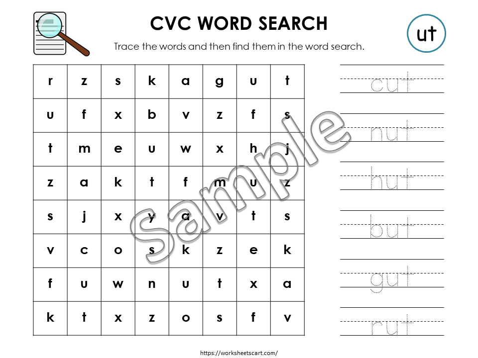 CVC Words Worksheets | Read Trace Find Activity | Kindergarten Literacy Printable | Phonics Word Search with Smiley Coloring | Word Families, WWF353