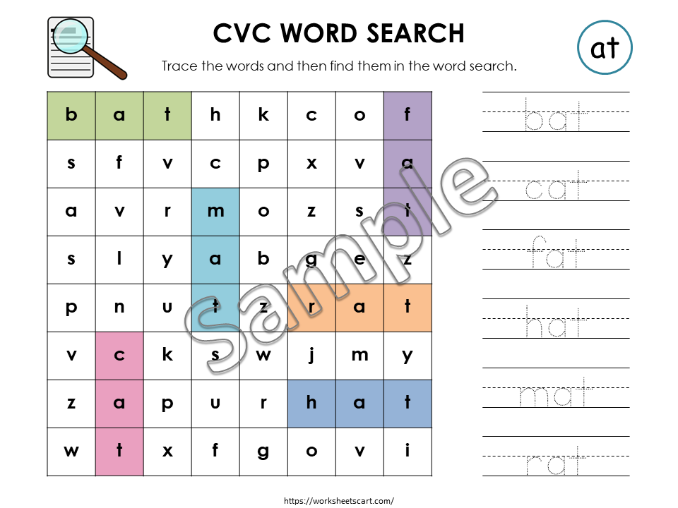 CVC Words Worksheets | Read Trace Find Activity | Kindergarten Literacy Printable | Phonics Word Search with Smiley Coloring | Word Families, WWF353