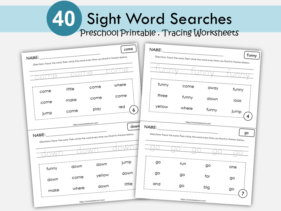 40 Printable Sight Words Bundle, Kindergarten Sight Word Worksheets, Dolch Pre Primer, Preschool Activity Pages, Sight Word Practice, WWF354