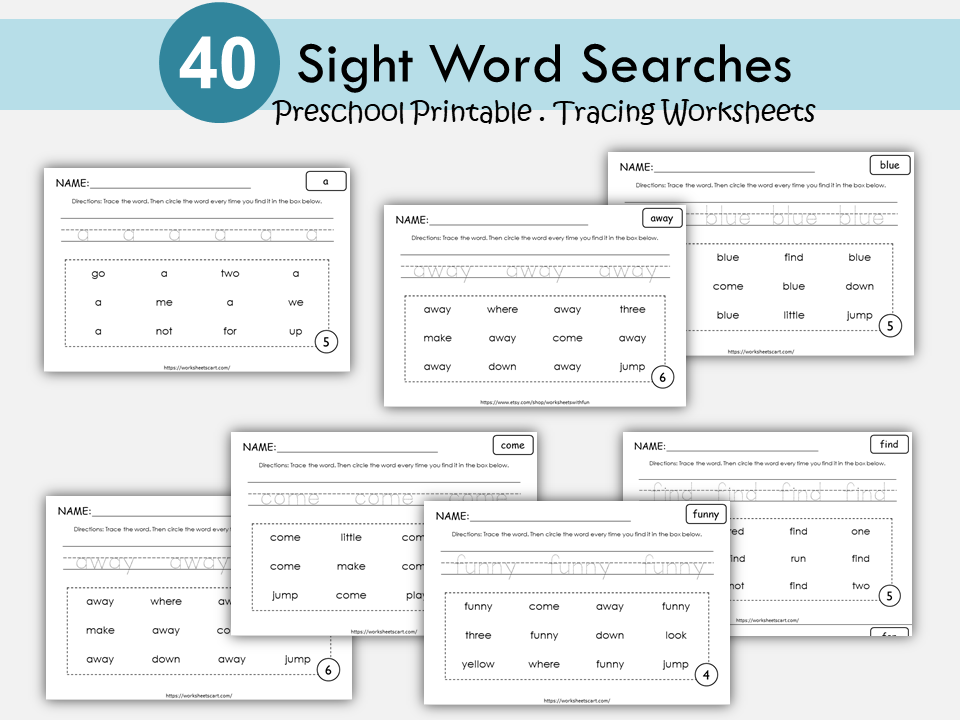 40 Printable Sight Words Bundle, Kindergarten Sight Word Worksheets, Dolch Pre Primer, Preschool Activity Pages, Sight Word Practice, WWF354