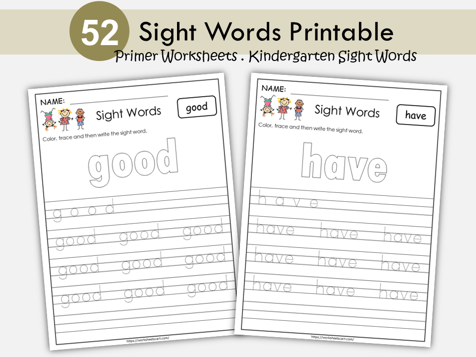 52 Sight Words Worksheets for Kindergarten, Sight Word Practice, High Frequency Words, Read & Write, Dolch Primer Words Sheets, Spellings, WWF358